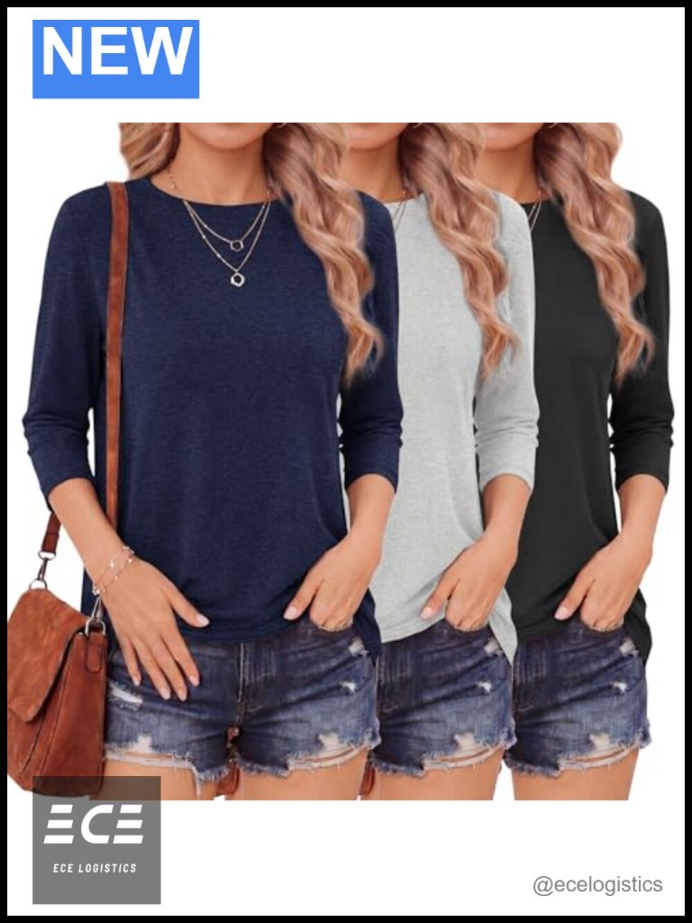 3/4 Sleeve Womens Tops Loose Fit Crew Neck Summer Tee Casual Blouse